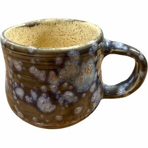 Handmade Stoneware Coffee Mug Signed Melissa Bee Drip Glaze Cream‎ Blue Brown